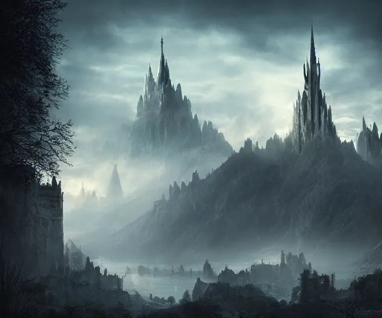 Prompt: fantasy city, lord of the rings, raphael lacoste, mikko lagerstedt