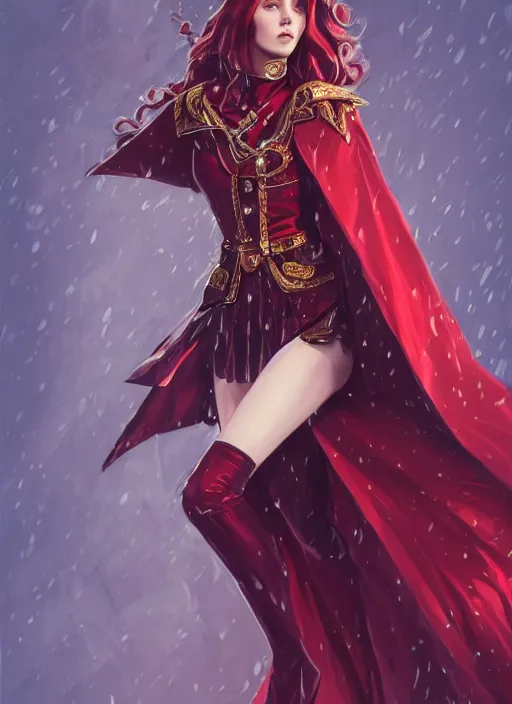 Prompt: a highly detailed illustration of beautiful long dark red haired woman wearing wine red epaulette uniform and coat cape, dramatic floating pose, strings background, intricate, elegant, highly detailed, centered, digital painting, artstation, concept art, smooth, sharp focus, league of legends concept art, wlop