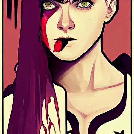 Prompt: Jamie McKelvie comic art, loish, Alphonse Mucha, pretty female Samara Weaving vampire, very sharp vampire fangs teeth, bloody blood on face face, sarcastic smile, symmetrical eyes, symmetrical face, brown leather jacket, jeans, long black hair, middle shot, bright colors, highly saturated