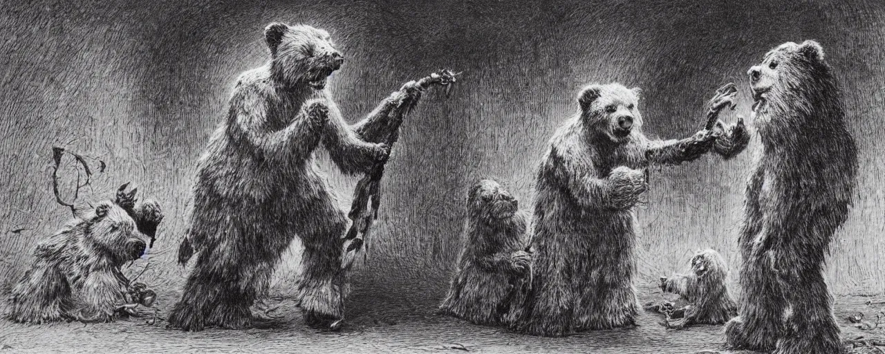 Prompt: teddy bear performance of macbeth, from the terrifying and incomprehensible beyond, body horror, by gerard brom, zdzisław beksinski and ansel adams