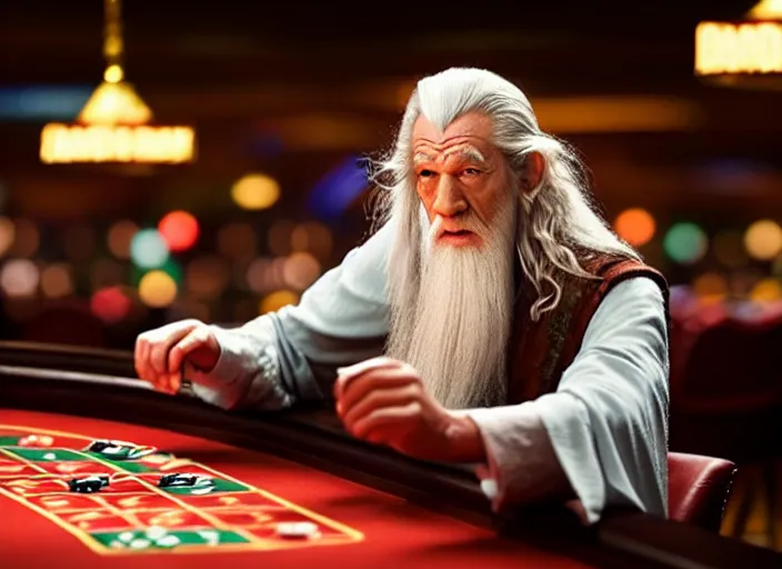 Image similar to film still of gandalf gambling in a casino in new hangover movie, 8 k