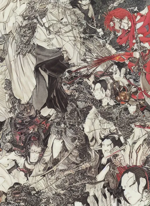 Image similar to battle between good and evil , battle between angels and demons, by and Takato Yamamoto and Yoshitaka Amano, high resolution, ultra detailed