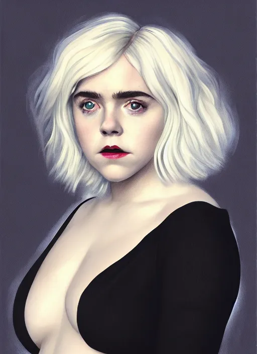 Image similar to full body portrait, kiernan shipka as sabrina spellman, white hair, obese, bangs, sultry, realistic, sultry smirk, fluffy bangs, curly bangs, fat, belly, intricate, elegant, highly detailed, digital painting, artstation, concept art, smooth, sharp focus, illustration, art by wlop, mars ravelo and greg rutkowski