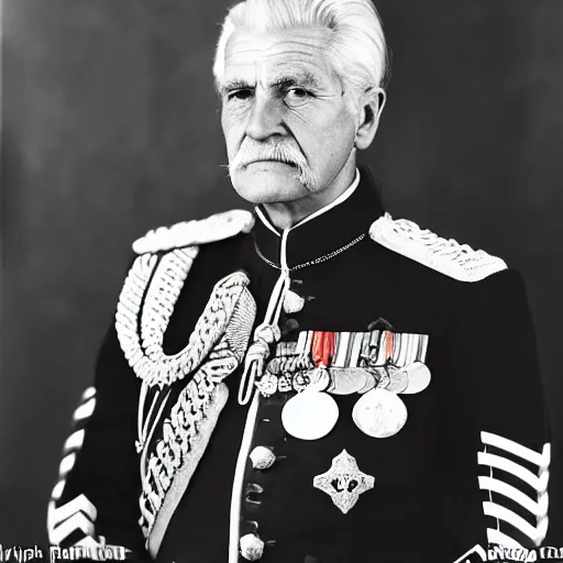 Prompt: his majesty the king, a gruff man in his late 8 0 s with a stern look and flowing white hair, his military uniform filled with medals, black and white photography, kodak retina i, 3 5 mm, photo taken 1 9 3 3