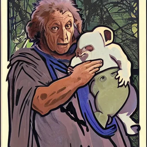 Prompt: baby gamorrean guard being looked after by tom baker dr who, alphonse mucha