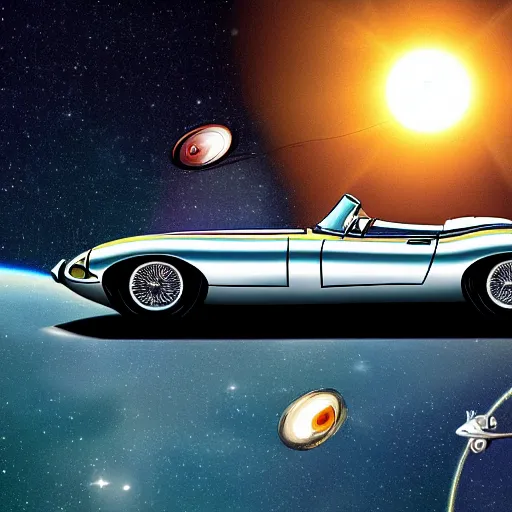 Image similar to a retro sci fi wallpaper of a jaguar e - type series 1 roadster flying in space, realistic, outer space only