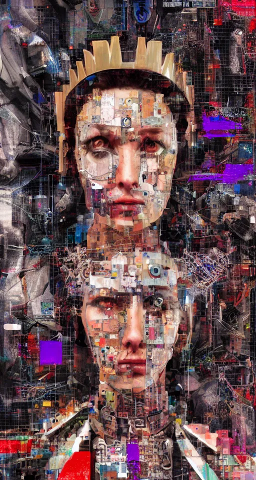 Image similar to Portrait of a Cyborg Queen, cyberpunk, collage art, mixed media, hypermaximalist, photo realistic, 8k