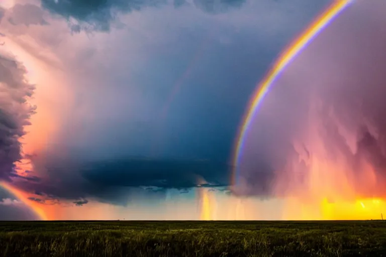 Image similar to a photo of a supercell thunderstorm, rainbow hue, illuminated from various angles by the setting sun, cinematic, mystic hue clouds, breathtaking clouds