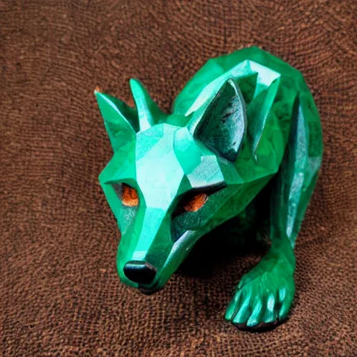 Image similar to Emerald Fox sculpture with glowing purple eyes