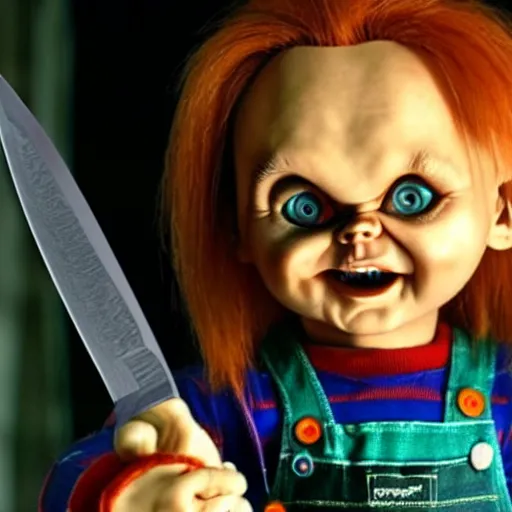 Image similar to Chucky the killer doll standing in a dark room holding a knife, scary lighting