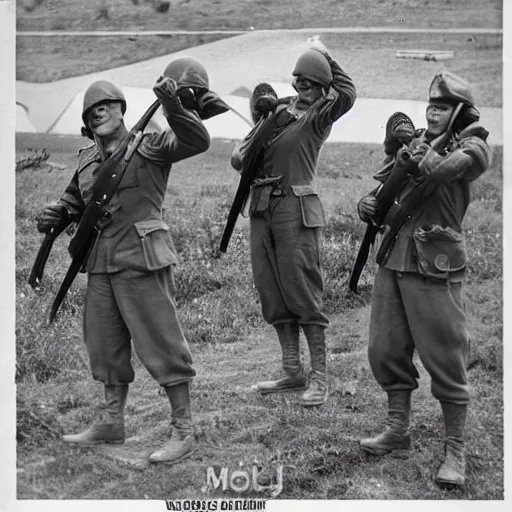 Image similar to vintage ww2 photograph of muppets as soldiers, realistic, weapons, war, battlefield