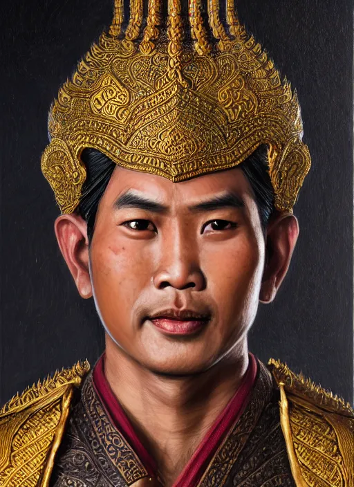 Prompt: smart ramkhamheang of sukhothai, closeup portrait, without beard and mustache, historical hero, ethnic group, tai costume, thai transitional bronze headdress, intricate, with leather armor cross on bare chest, elegant, loin cloth, highly detailed, oil painting, artstation, concept art, matte, sharp focus, illustration, hearthstone, art by earl norem