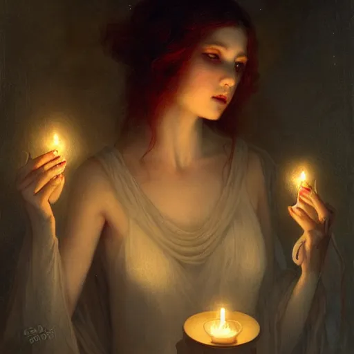 Prompt: pale young ghost girl, by tom bagshaw, by gaston bussiere, by jean deville, candlelight