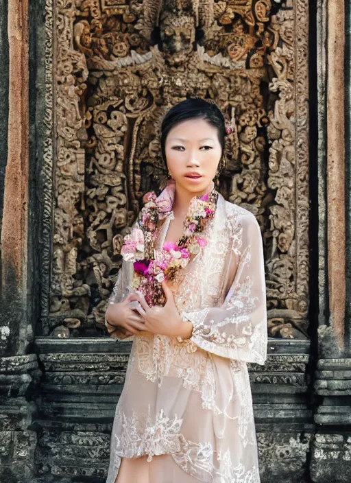 Prompt: portrait of elizabeth lily wearing kebaya in bali temple, by charlotte grimm, natural light, detailed face, beautiful features, symmetrical, canon eos c 3 0 0, ƒ 1. 8, 3 5 mm, 8 k, medium - format print