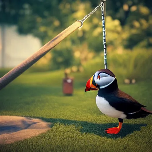 Prompt: puffin in a swing, concept art, cgsociety, octane render, trending on artstation, artstationHD, artstationHQ, unreal engine, 4k, 8k --height 768