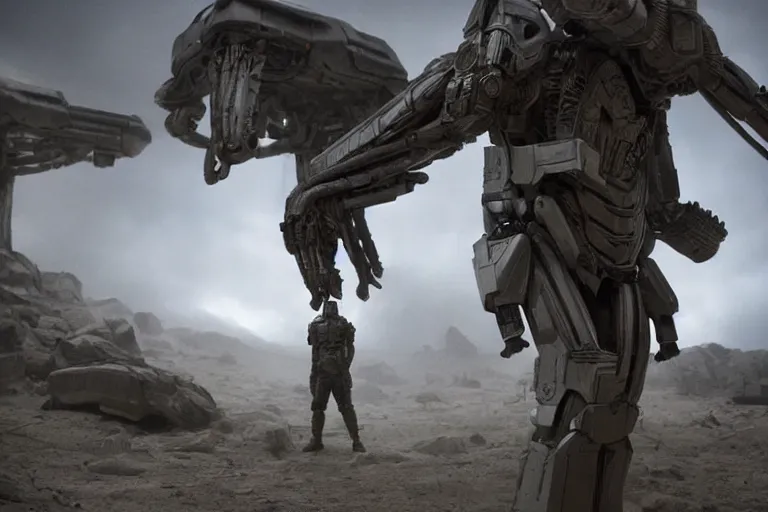 Prompt: vfx movie, sci - fi super soldier in worn military futuristic armor, in alien technology temple, by emmanuel lubezki
