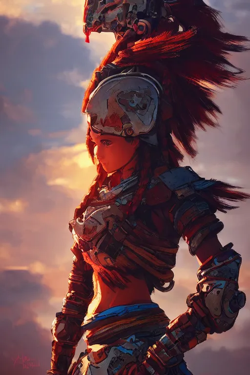 Image similar to combination suit armor aloy horizon forbidden west horizon zero dawn radiating a glowing aura global illumination ray tracing hdr fanart arstation by ian pesty and alena aenami artworks in 4 k tribal robot ninja mask helmet backpack