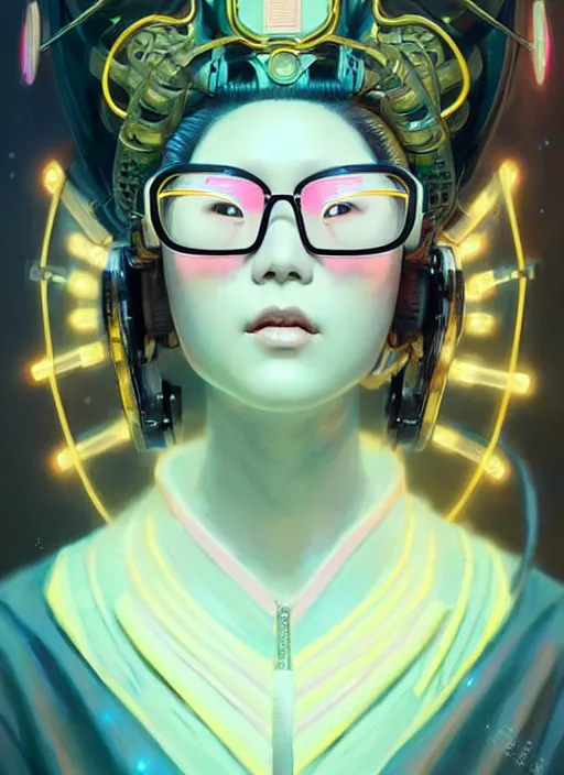 Image similar to portrait illustration of female japanese android wearing a vr eyewear and very detailed and intricate geisha kimono dress, intricate detail, cyber neon lighting, highly detailed, artstation, glamor pose, concept art, art by peter mohrbacher and boris vallejo and liam wong, pinterest, artstation, digital painting,