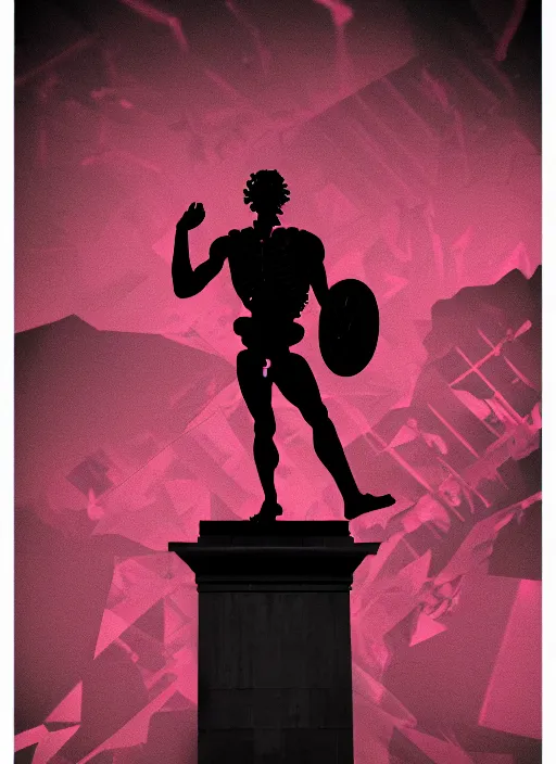 Prompt: black background, statue of hercules, ( ( ( skeleton ) ) ), grey, thin lines, dark, red and purple grid design elements, glitch art, neo vaporwave, gritty, movie poster, layout design, trending on artstation