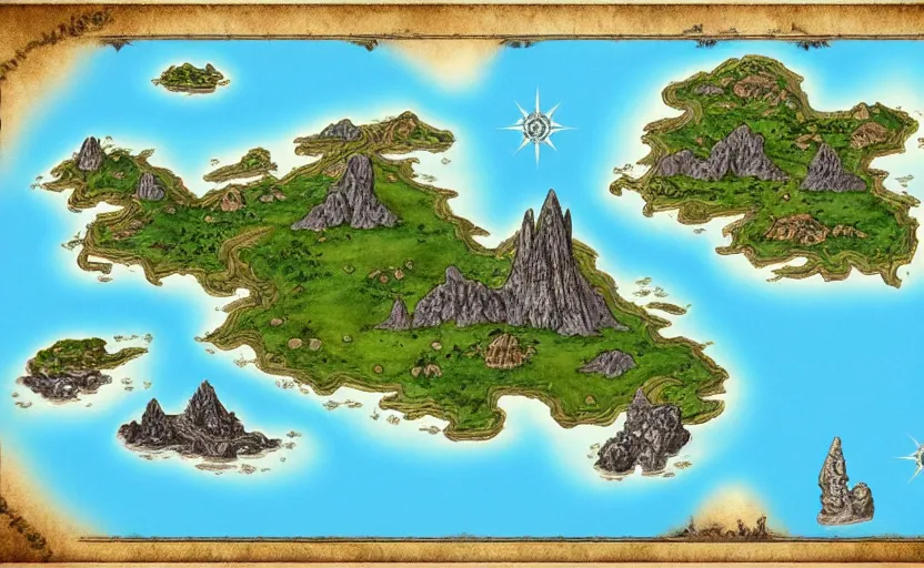 Image similar to fantasy map, large, detailed, islands, monsters