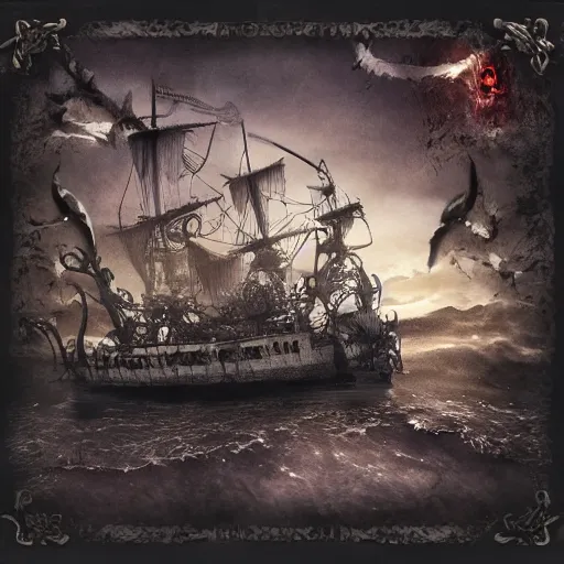 Image similar to haunted ghost ship, pirate, bone, cinematic