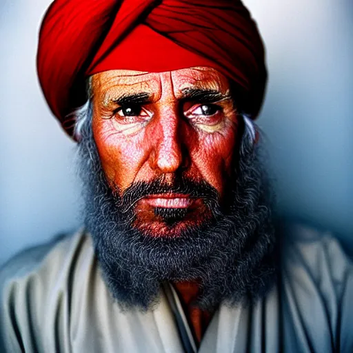 Prompt: portrait of president donald trump as afghan man, green eyes and red turban looking intently, photograph by steve mccurry