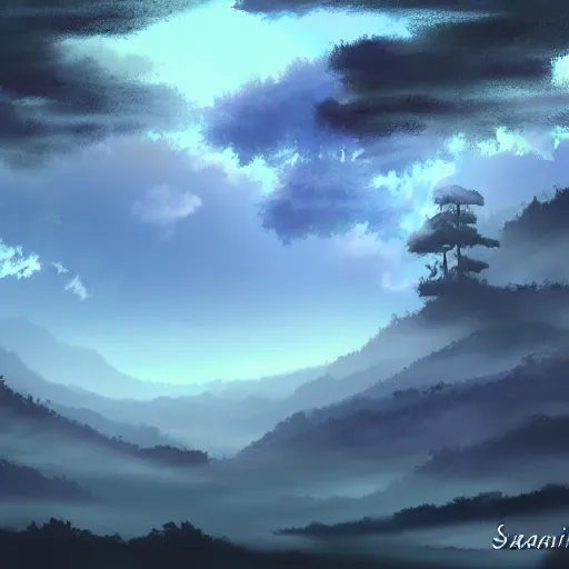 Image similar to mystical scenery , by Sakimori, digital art, pixiv scenery art