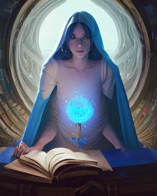 Image similar to highly detailed surreal vfx portrait of a female mage with a blue cape in a labyrinth of books, stephen bliss, unreal engine, greg rutkowski, loish, rhads, beeple, makoto shinkai and lois van baarle, ilya kuvshinov, rossdraws, tom bagshaw, alphonse mucha, global illumination, detailed and intricate environment