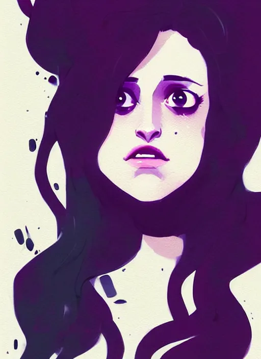 Image similar to highly detailed closeup portrait of beautiful carly chaikin as darlene alderson, wavy black hair, by atey ghailan, by greg rutkowski, by greg tocchini, by james gilleard, by joe fenton, by kaethe butcher, gradient purple, black and white color scheme, grunge aesthetic!!! ( ( graffiti tag wall background ) )