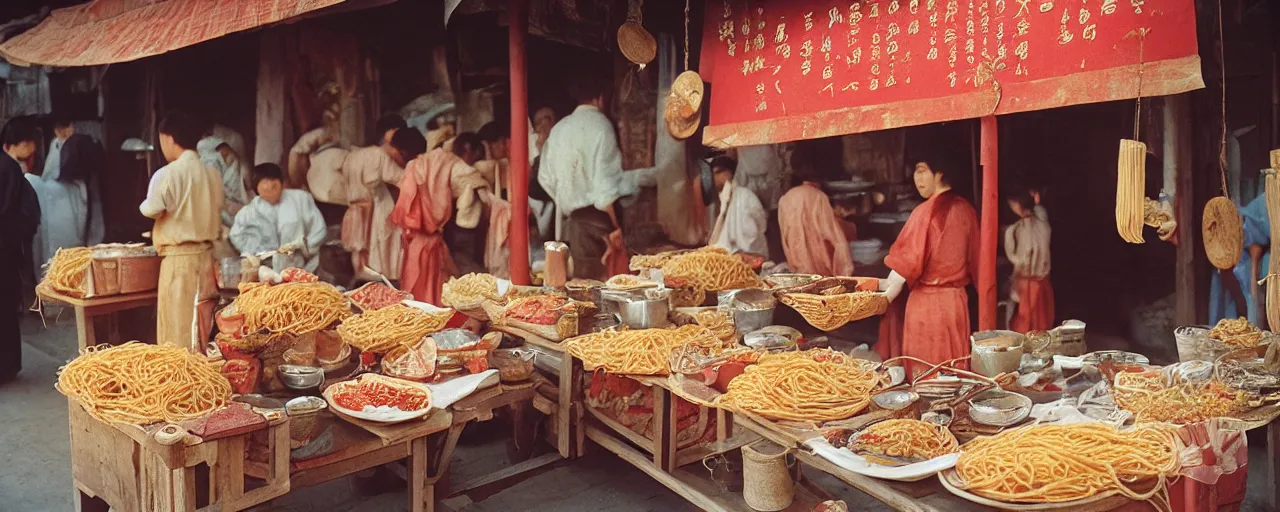 Image similar to spaghetti stall at the height of the jin dynasty in ancient china, afternoon glow, canon 5 0 mm, wes anderson film, kodachrome, retro