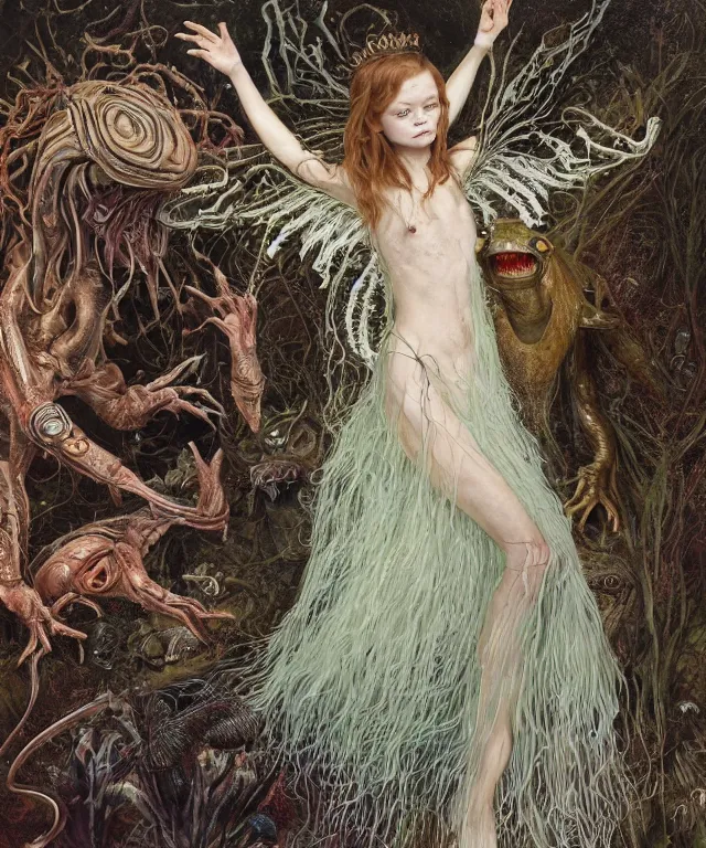 Prompt: a portrait photograph of a fierce sadie sink as an alien harpy queen with slimy amphibian skin. she is trying on a transparent bulbous feathered slimy organic membrane parasite dress and transforming into an insectoid amphibian. by donato giancola, walton ford, ernst haeckel, brian froud, hr giger. 8 k, cgsociety