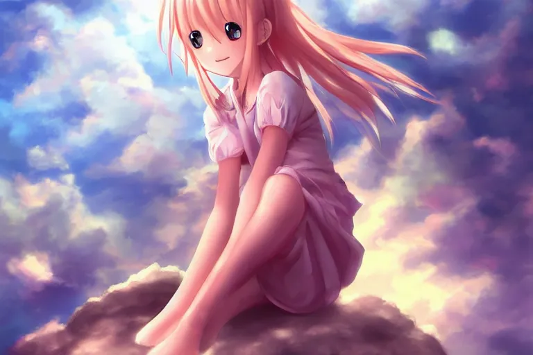 KREA - a cute beautiful anime girl sitting on a cloud relaxing