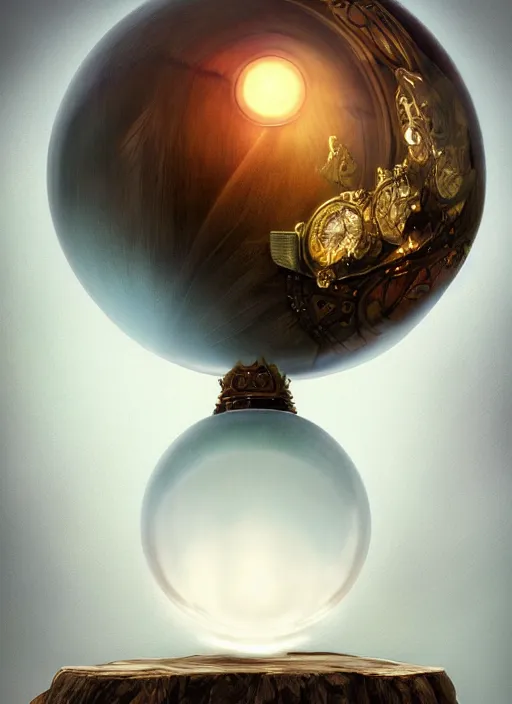 Image similar to crystal ball on a wood stand with a beautiful dreamscape inside, studio product photography, centered, super highly detailed, professional digital painting, artstation, concept art, smooth, sharp focus, extreme illustration, unreal engine 5, photorealism, beautiful, cinematic, art by artgerm and rutkowski and alphonse mucha and loish and wlop