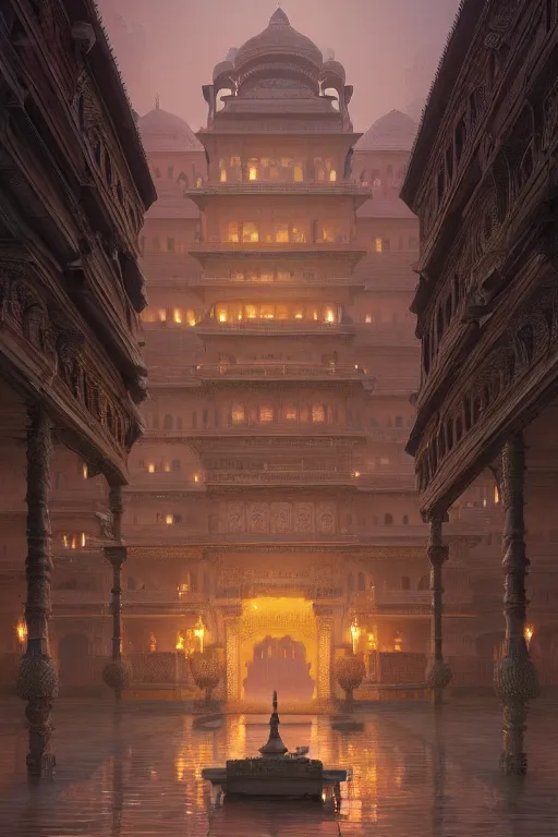 Image similar to old indian city with a breathtaking view of a magnificent maharajah palace at pink dawn, intricate, elegant, volumetric lighting, digital painting, highly detailed, artstation, sharp focus, illustration, concept art, ruan jia, steve mccurry