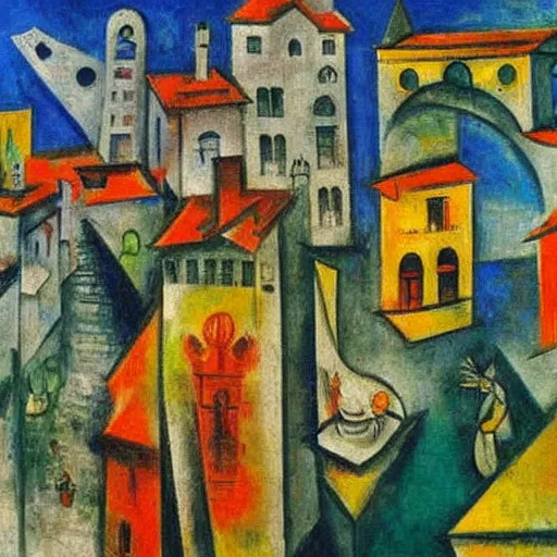 Prompt: cubist painting of a mix of venice, florence, naples by chagall