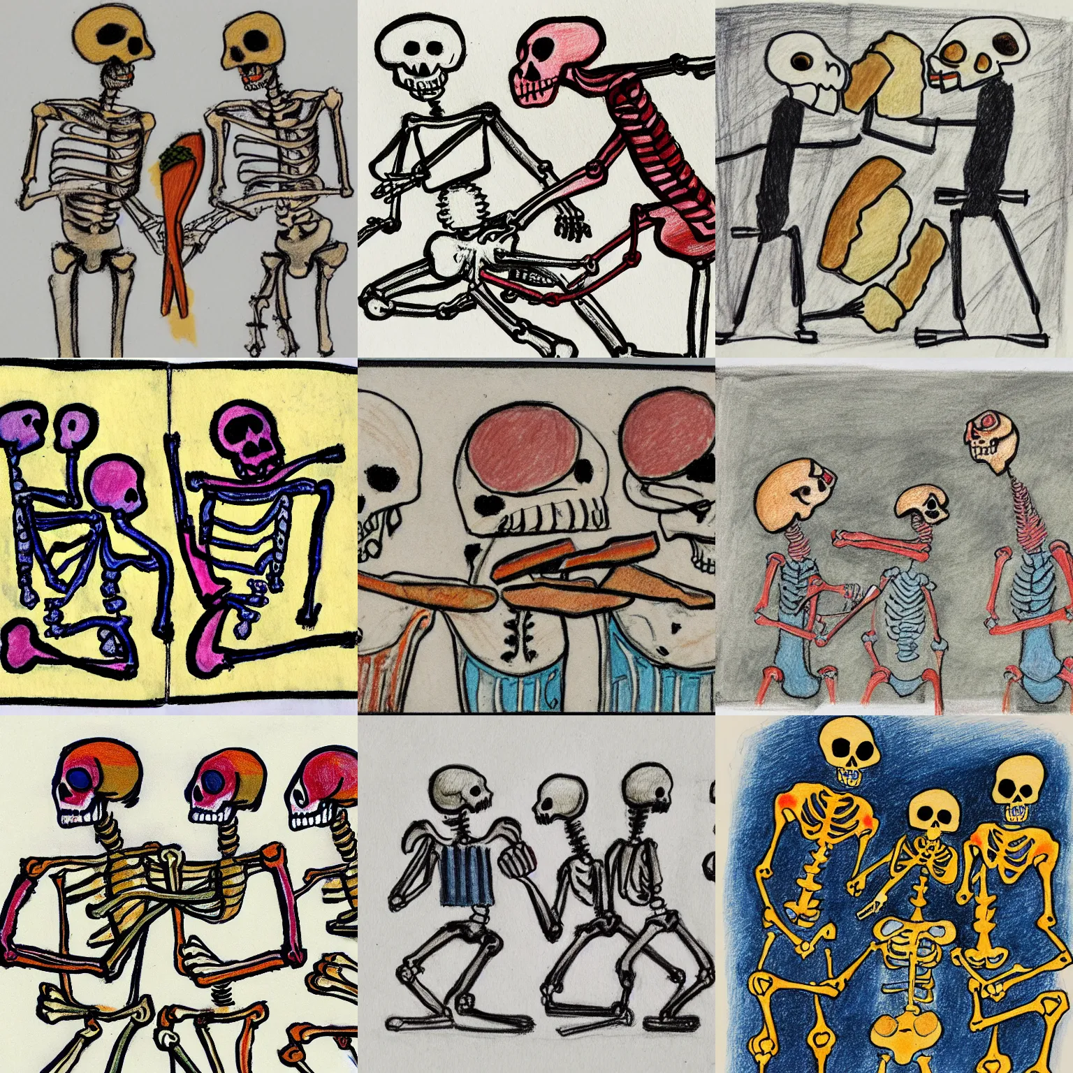 Prompt: muted and tastefully color - coordinated art brut drawing of three skeletons fighting over a piece of bread, found doodled in a sketchbook