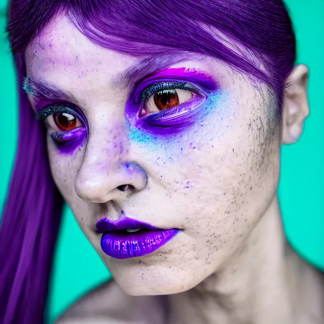 Prompt: woman with purple and teal skin, highly detailed, 8 k, hdr, smooth, sharp focus, high resolution, award - winning photo