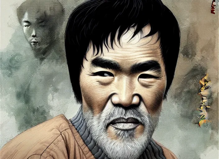 Prompt: portrait of bruce lee as an old kung fu master with long grey beard and grey hair - art, by wlop, james jean, victo ngai! muted colors, very detailed, art fantasy by craig mullins, thomas kinkade cfg _ scale 8