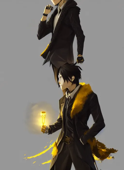 Image similar to a highly detailed illustration of young attractive japanese guy wearing black detective coat, yellow eyes, dramatic standing pose, intricate, elegant, highly detailed, centered, digital painting, artstation, concept art, smooth, sharp focus, league of legends concept art, wlop.