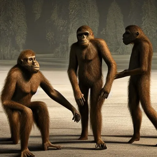 Prompt: Australopithecus meeting modern scientist, field researcher, proto-human meeting modern human, 2022 photograph, award-winning photo