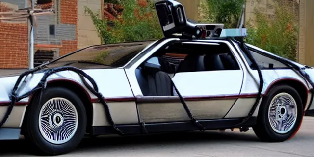 Image similar to a single delorean, 1 9 6 9 dodge charger and time machine hybrid, dslr