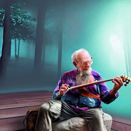 Prompt: HD render of an old man playing the banjo on the porch of an old cabin, in the middle of a dark blue and dark pink and black SWAMP, cinematic lighting, trending on artstation