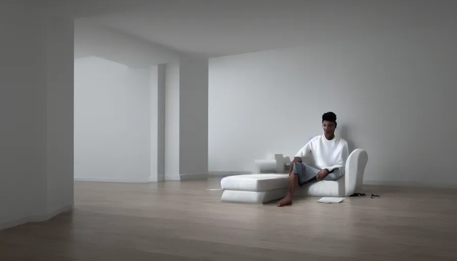 Prompt: a lonely young man in white clothes sits in a clean white empty apartment and stares into the distance, photorealistic painting