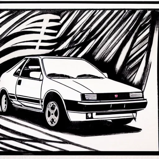 Prompt: black AE86 Trueno red glowing drawn by Shuichi Shigeno and Michiharu Kusunoki pen ink drawing