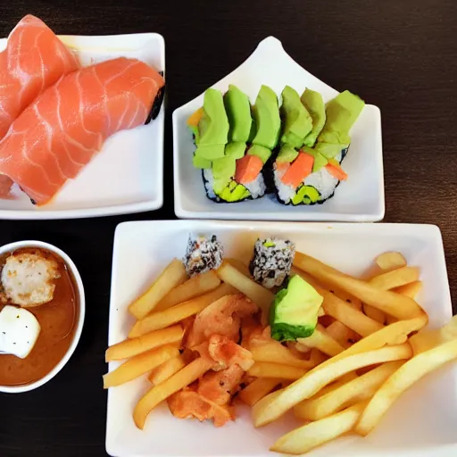 Prompt: sushi poutine, quebec speciality dish, french fries and gravy, salmon and avocado, restaurant menu photo, 4 k, super realistic food picture