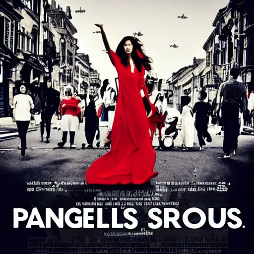 Image similar to angels protecting crowds of people in the street, movie poster style