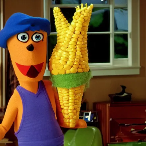 Image similar to a photoreal image of doug from the tv show doug as anthropomorphic corn.