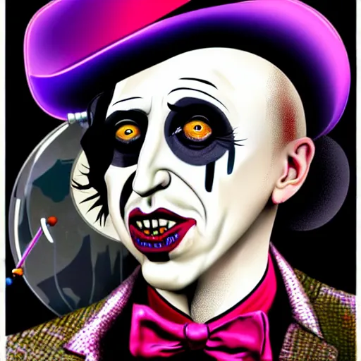 Image similar to graphic illustration, creative design, willy wonka as marilyn manson, biopunk, francis bacon, highly detailed, hunter s thompson, concept art