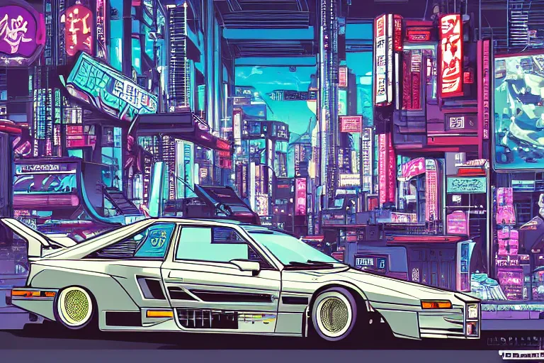 Prompt: 1985 Vector W8 Twin Turbo, city in anime cyberpunk style by Hayao Miyazaki