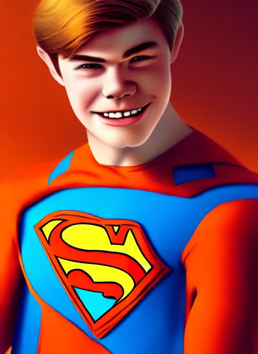 Image similar to friendly teenage archie andrews wearing an orange superhero costume with heart logo, freckles, superhero costume, heart emblem on chest, cape, intricate, elegant, glowing lights, highly detailed, digital painting, artstation, sharp focus, illustration, art by wlop, mars ravelo and greg rutkowski